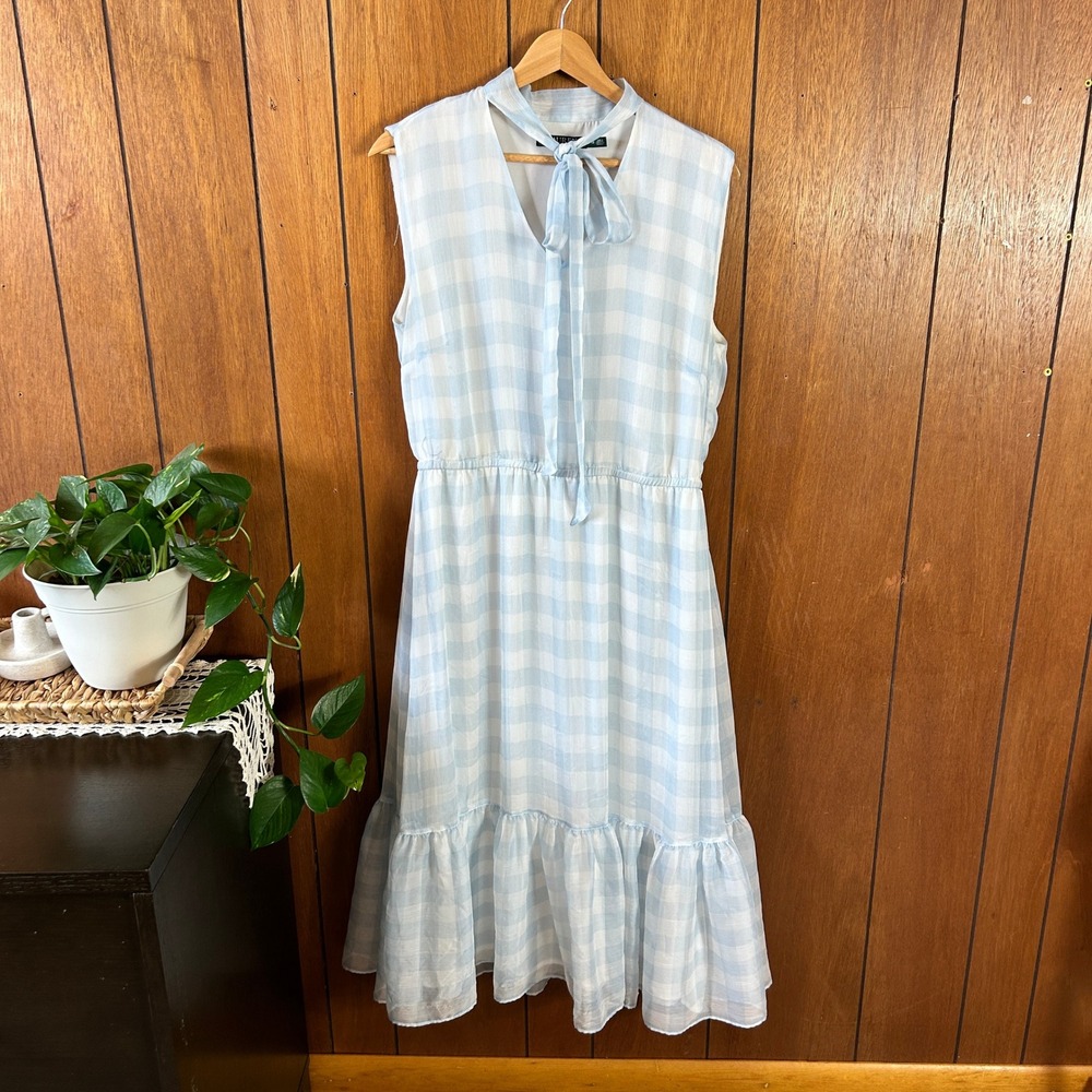 Lauren Ralph Lauren Light Blue Gingham Tie-Neck Ruffle Midi Dress Size 12 Spring - Picture 2 of 10